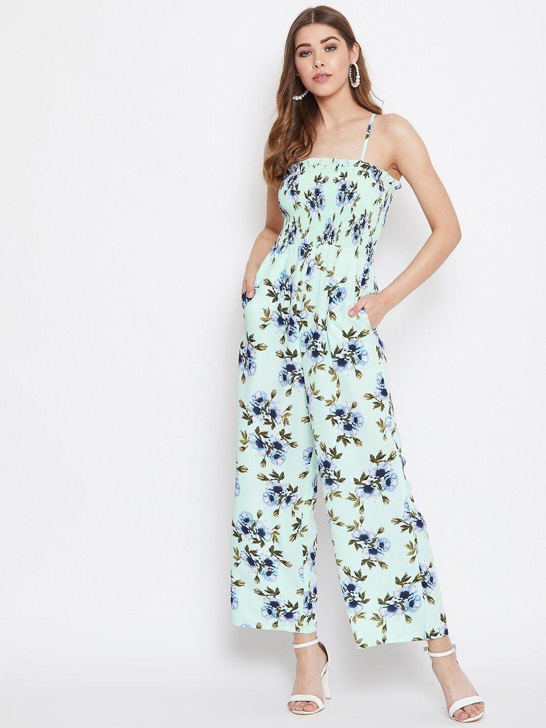 berrylush sea green & blue printed culotte jumpsuit