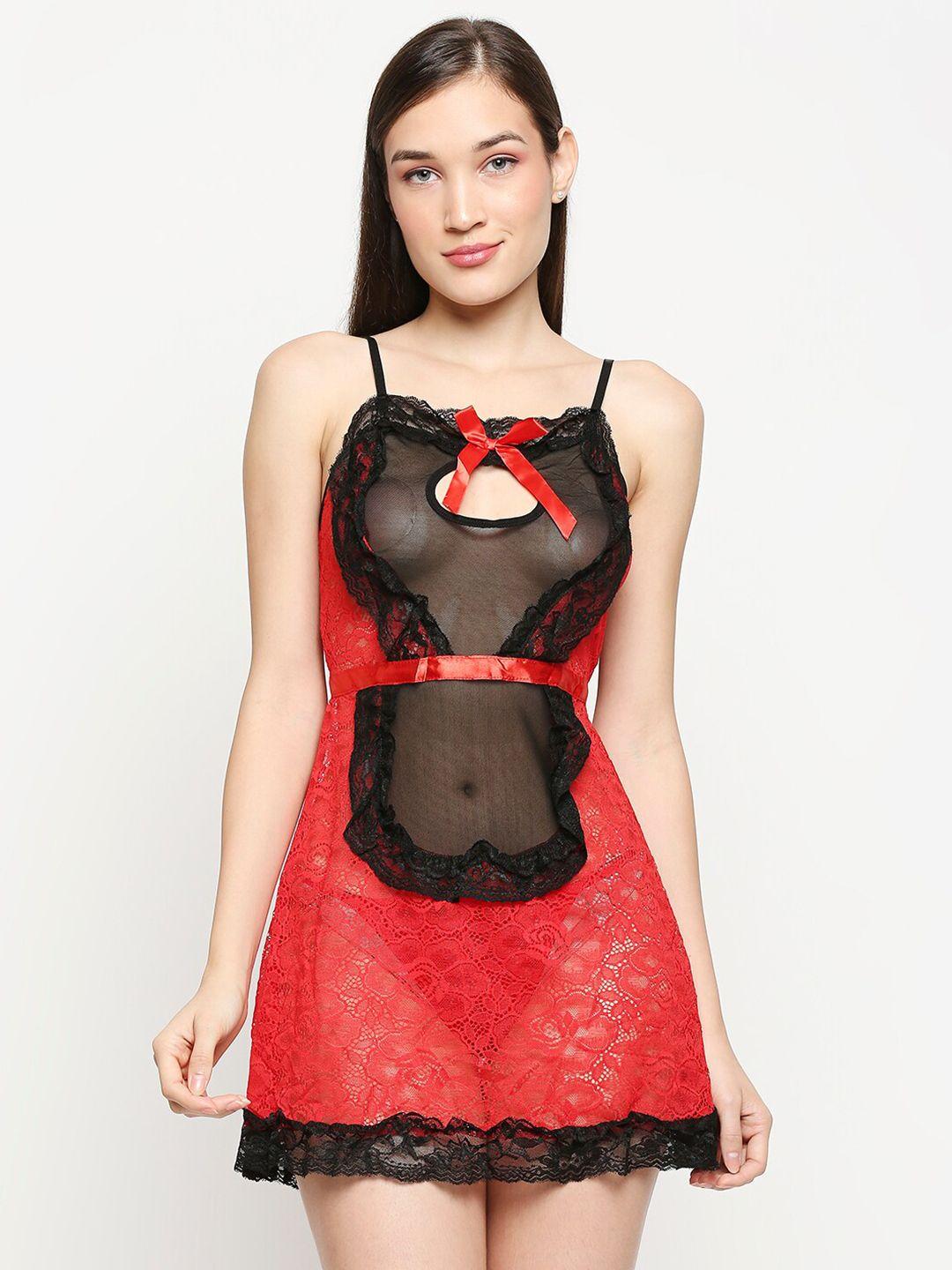 lady love women red & black self design baby doll