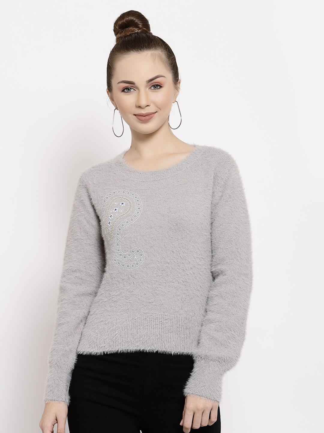 mafadeny women grey & off white embroidered pullover