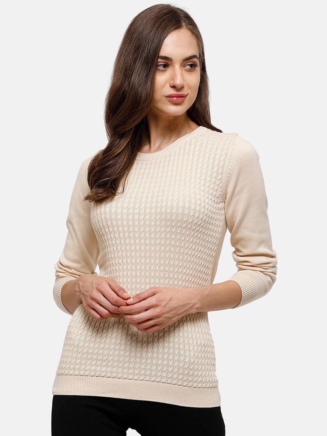 98 degree north women cream-coloured self design pullover