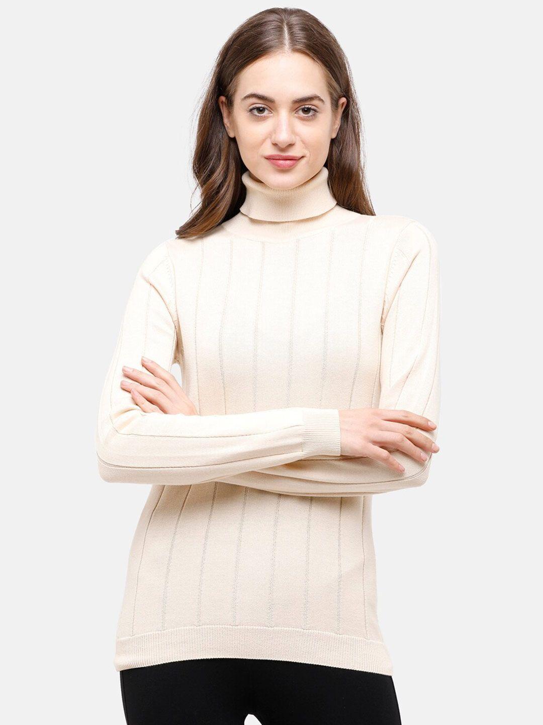 98 degree north women cream-coloured pure cotton ribbed turtle neck sweatshirt