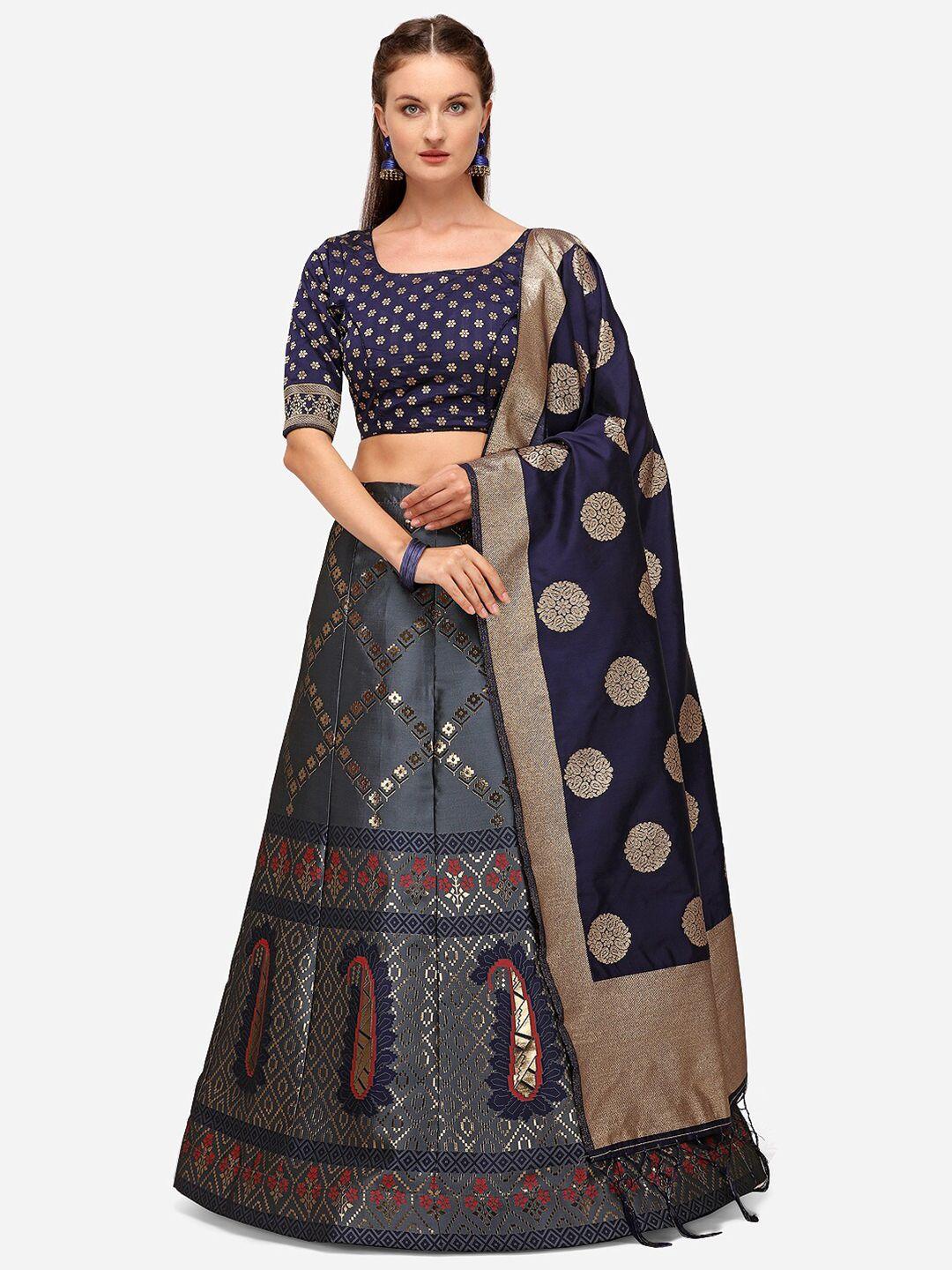 jatriqq blue & gold-toned semi-stitched lehenga & unstitched blouse with dupatta