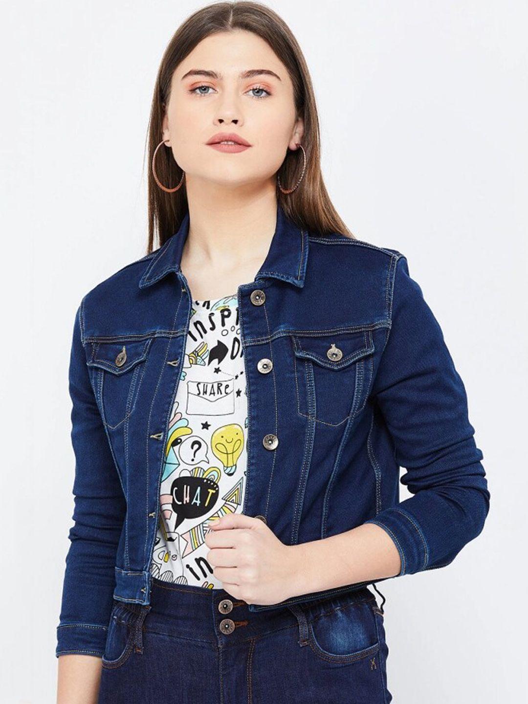 xpose women navy blue washed denim jacket