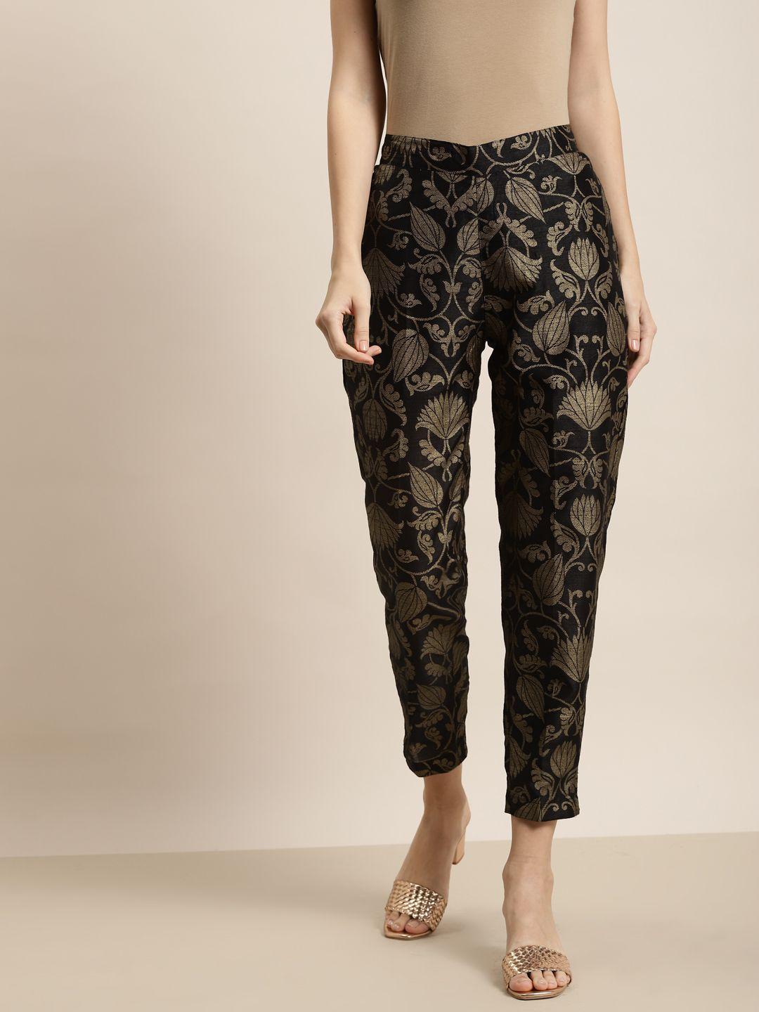 shae by sassafras women black floral printed tapered fit easy wash cigerette trousers