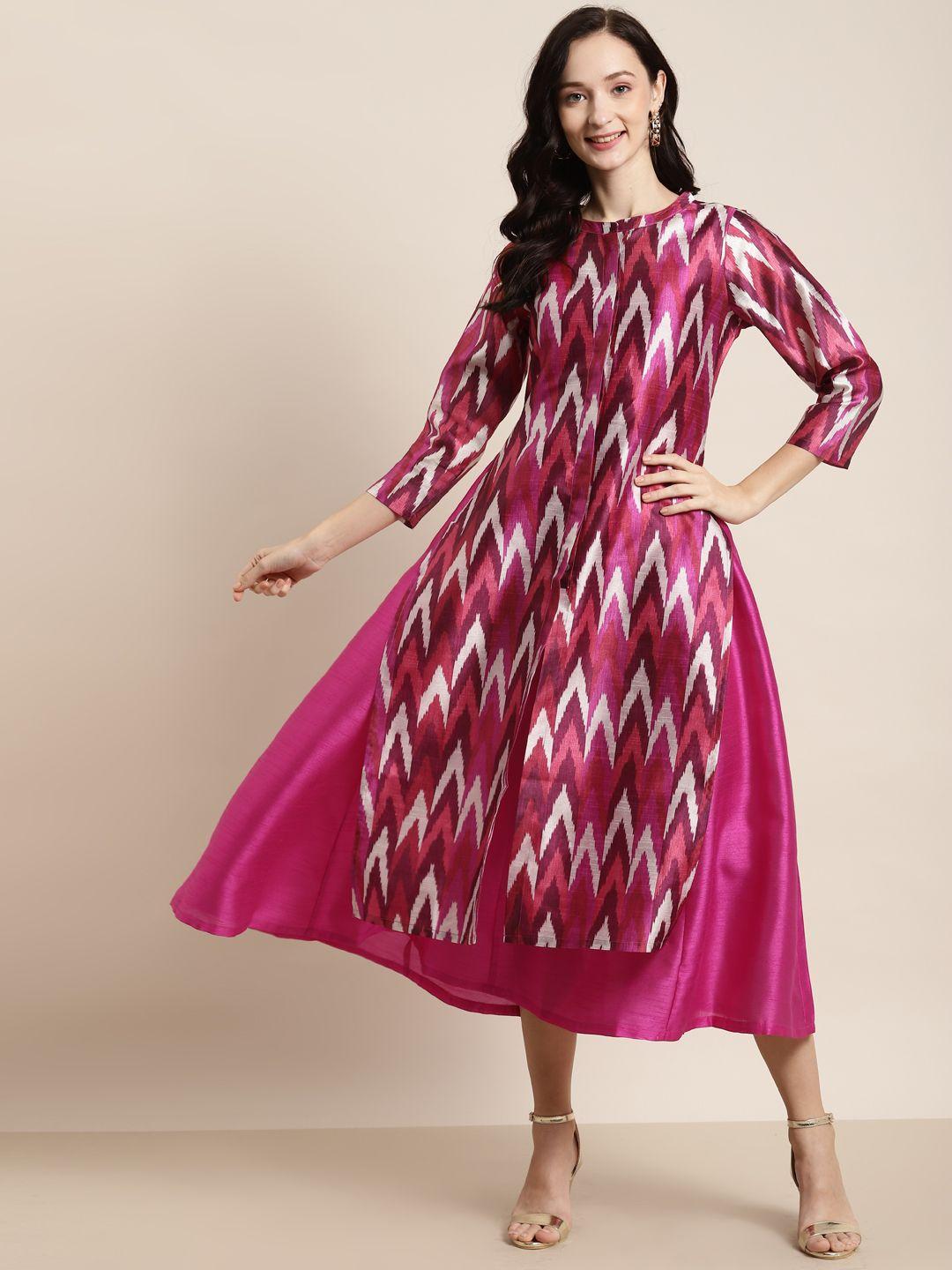 shae by sassafras fuchsia & peach-coloured ikat printed layered midi dress