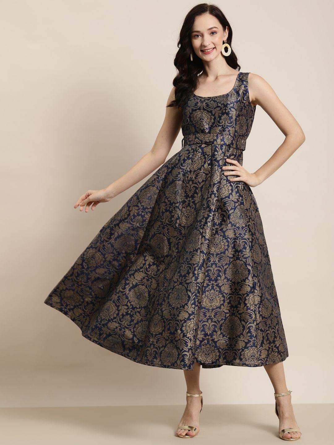 shae by sassafras navy blue & gold-toned floral self -belt jacquard maxi dress