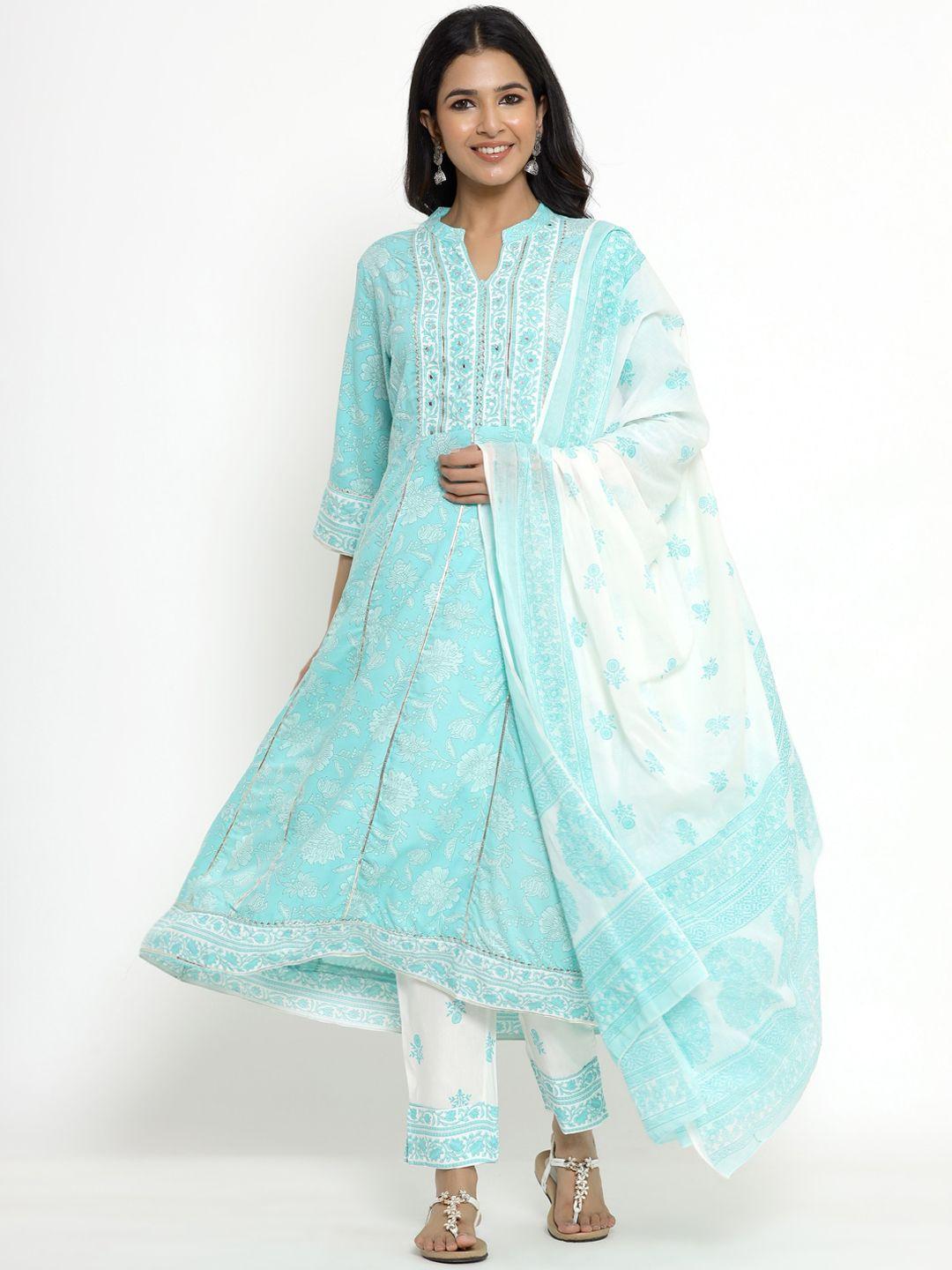 unisets women turquoise blue floral printed regular kurta with palazzos & with dupatta