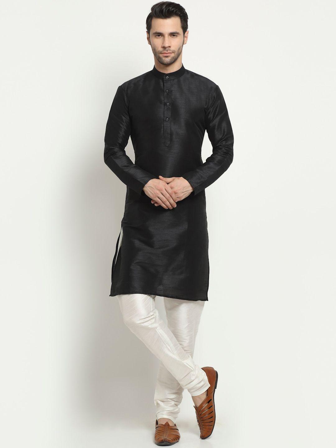 neudis men black solid dupion silk kurta