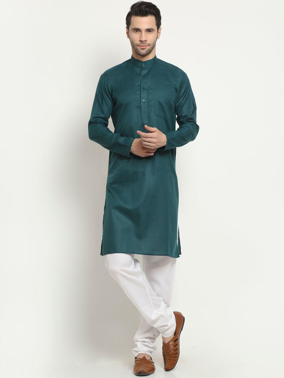 neudis men green solid cotton kurta