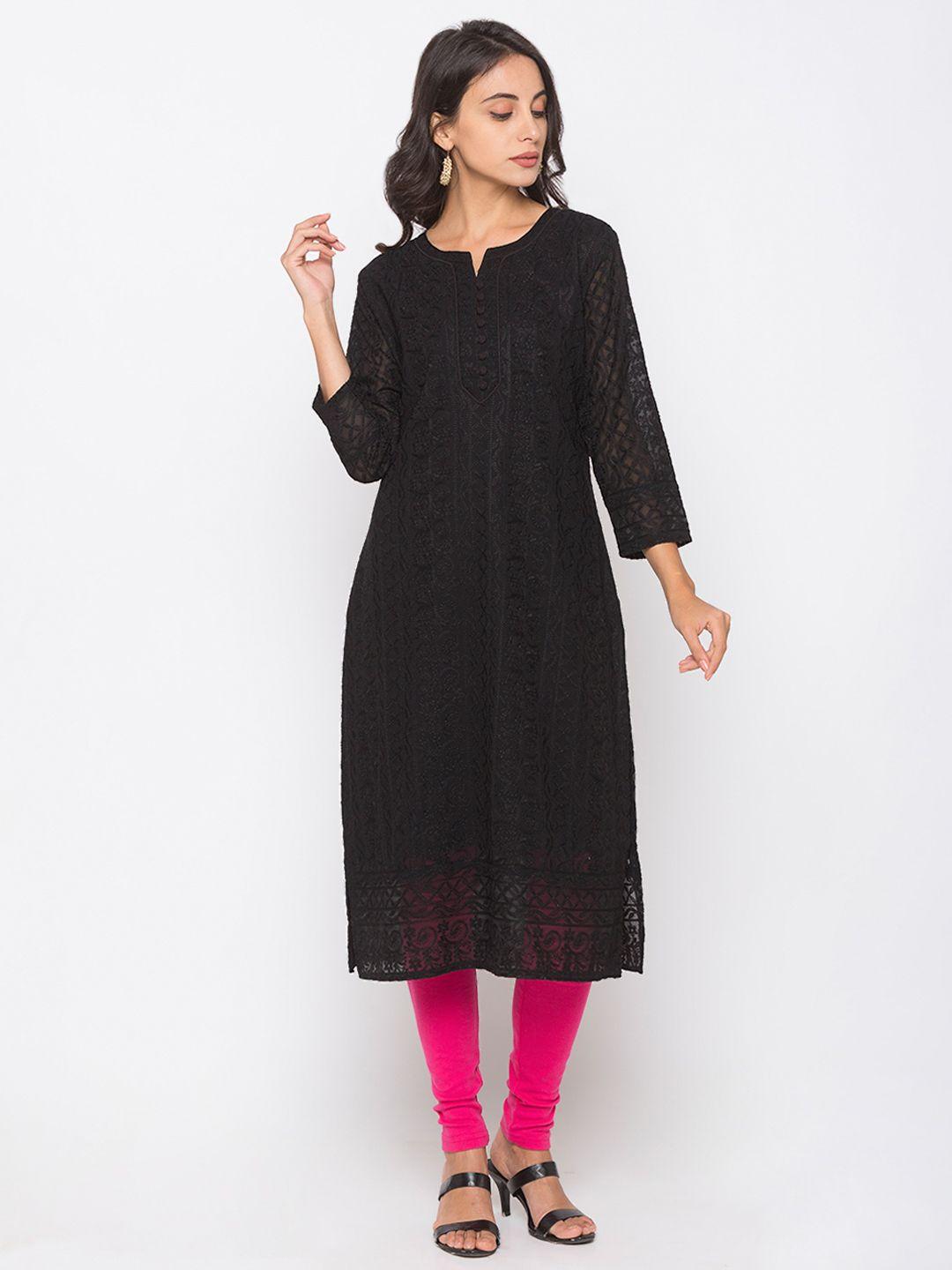 zola women black georgette lucknow chikankari embroidered straight kurta