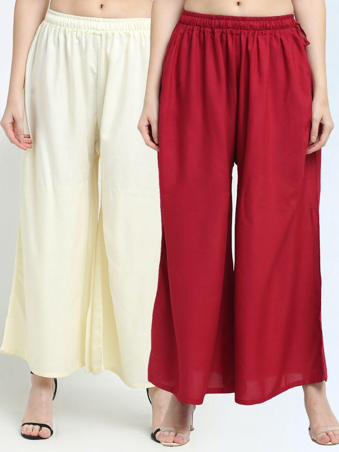 tag 7 women set of 2 maroon & cream solid flared palazzos