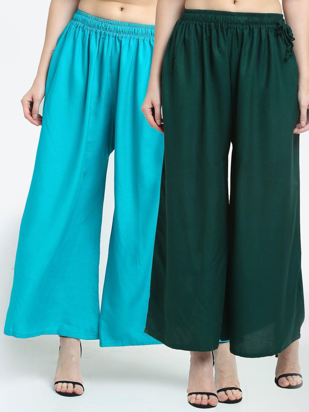 tag 7 women green & turquoise blue pack of 2 flared ethnic palazzos