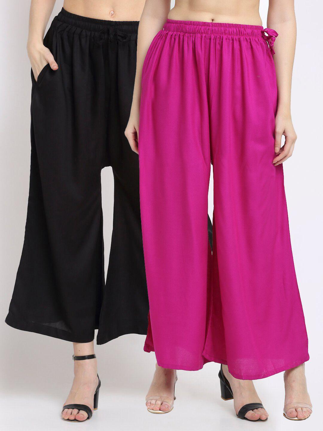 tag 7 women pack of 2 black & pink flared ethnic palazzos