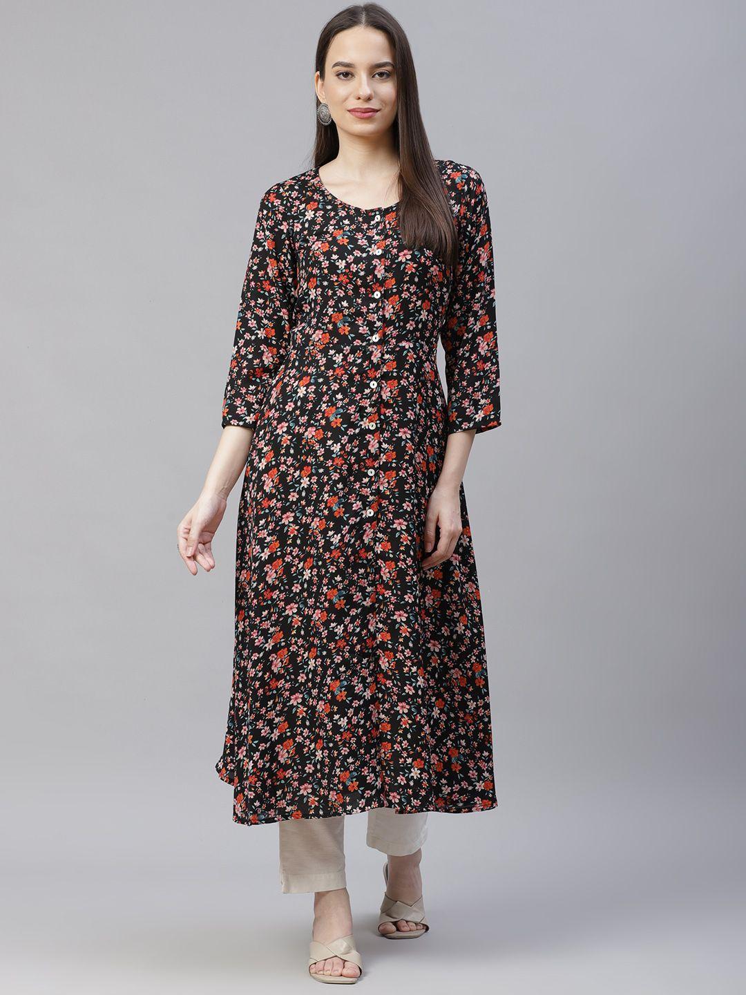 jompers women black & orange floral printed floral kurta