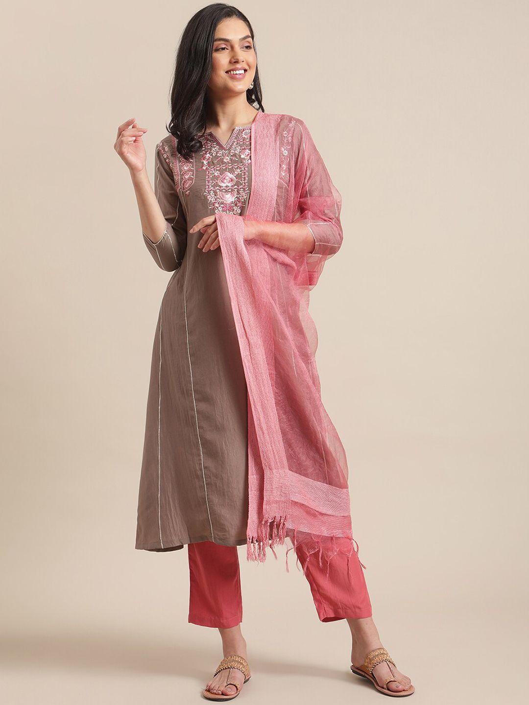 varanga women beige & pink floral yoke design regular kurta with trousers & dupatta