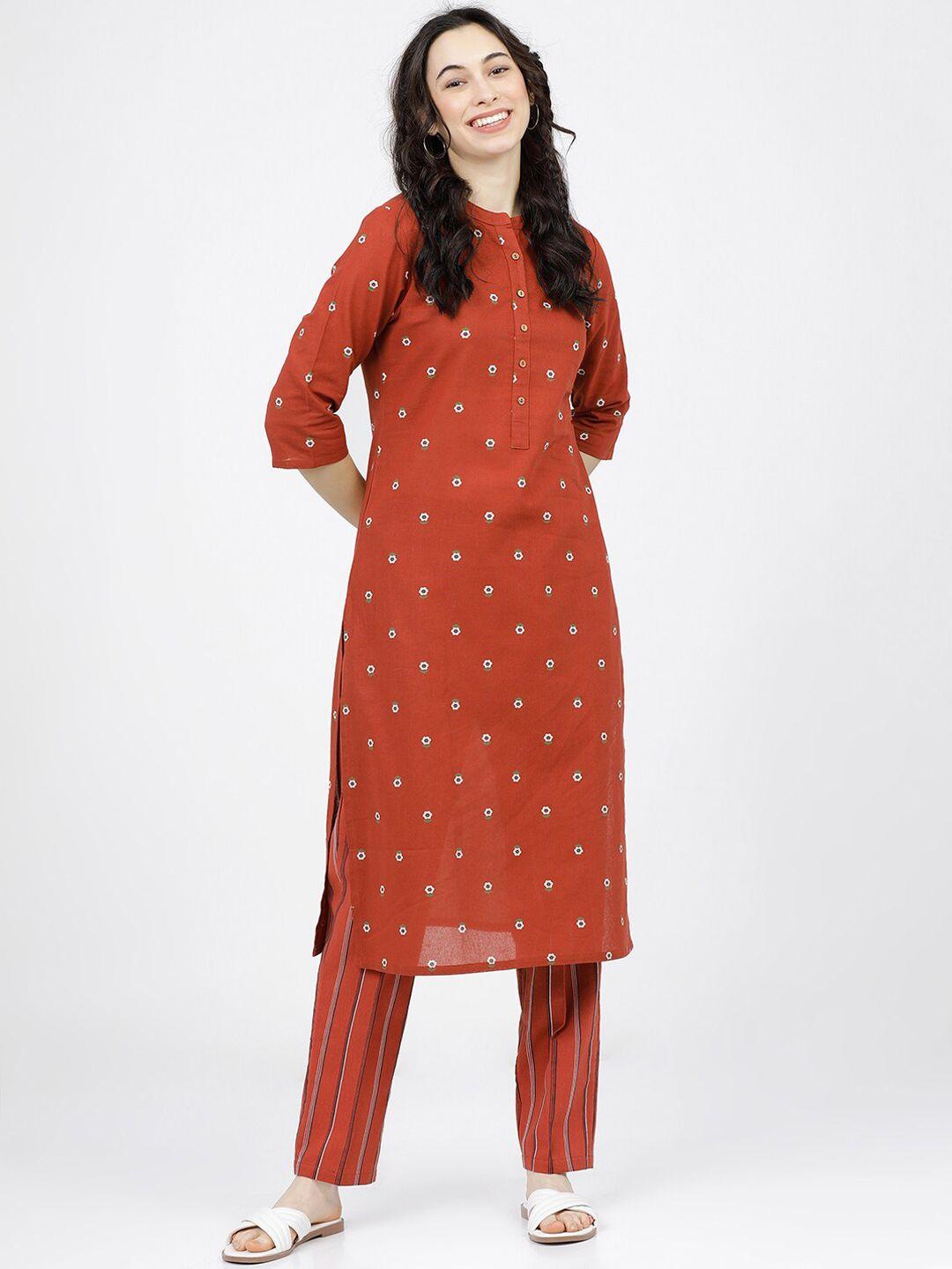 vishudh women rust red floral printed regular pure cotton kurta with trousers