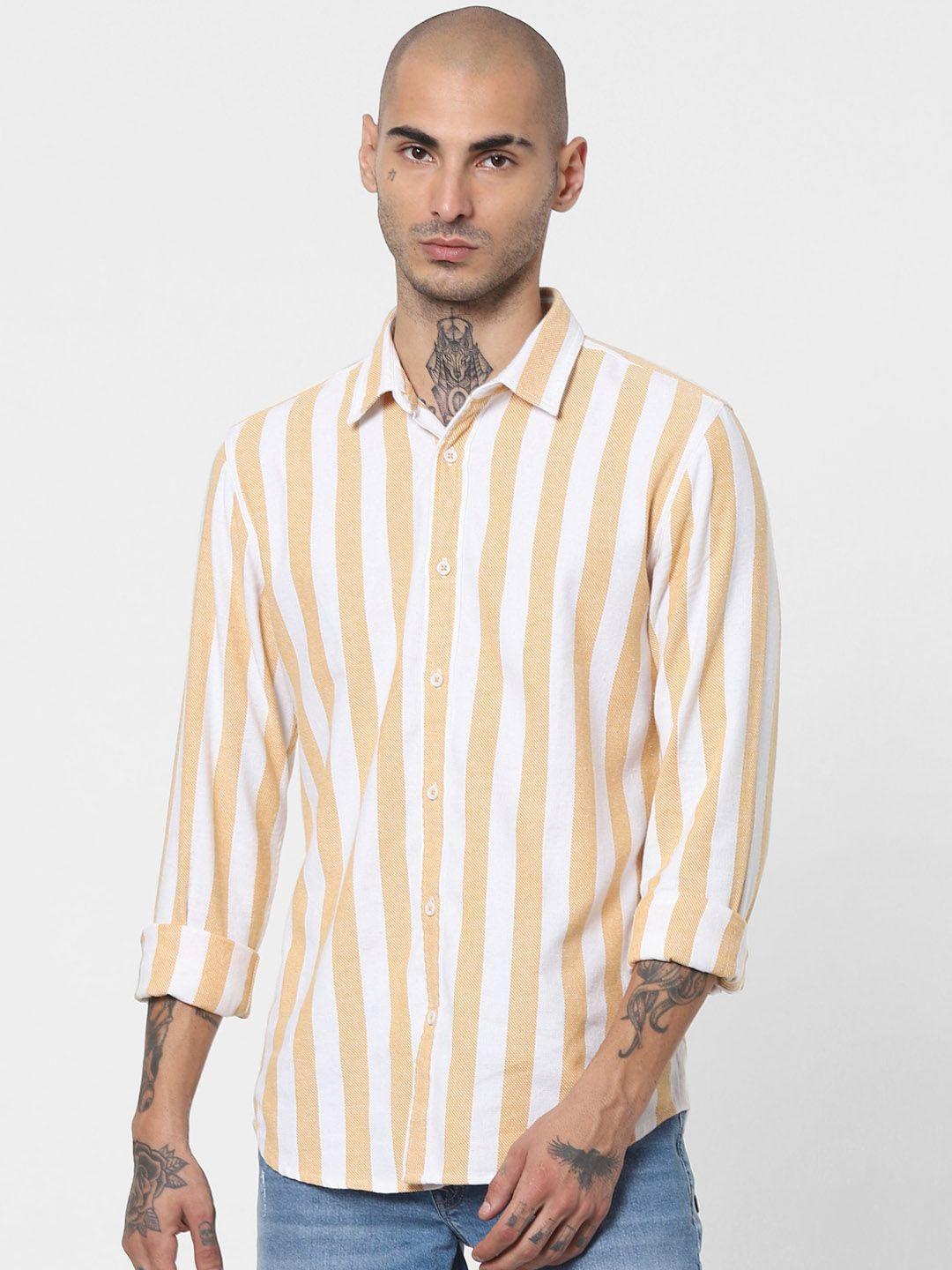 jack & jones men orange & white slim fit opaque striped casual shirt