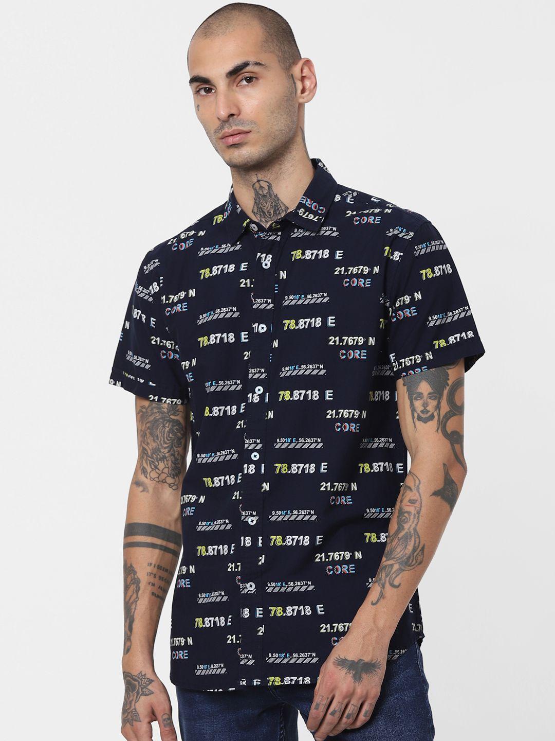 jack & jones men navy blue slim fit opaque printed casual shirt