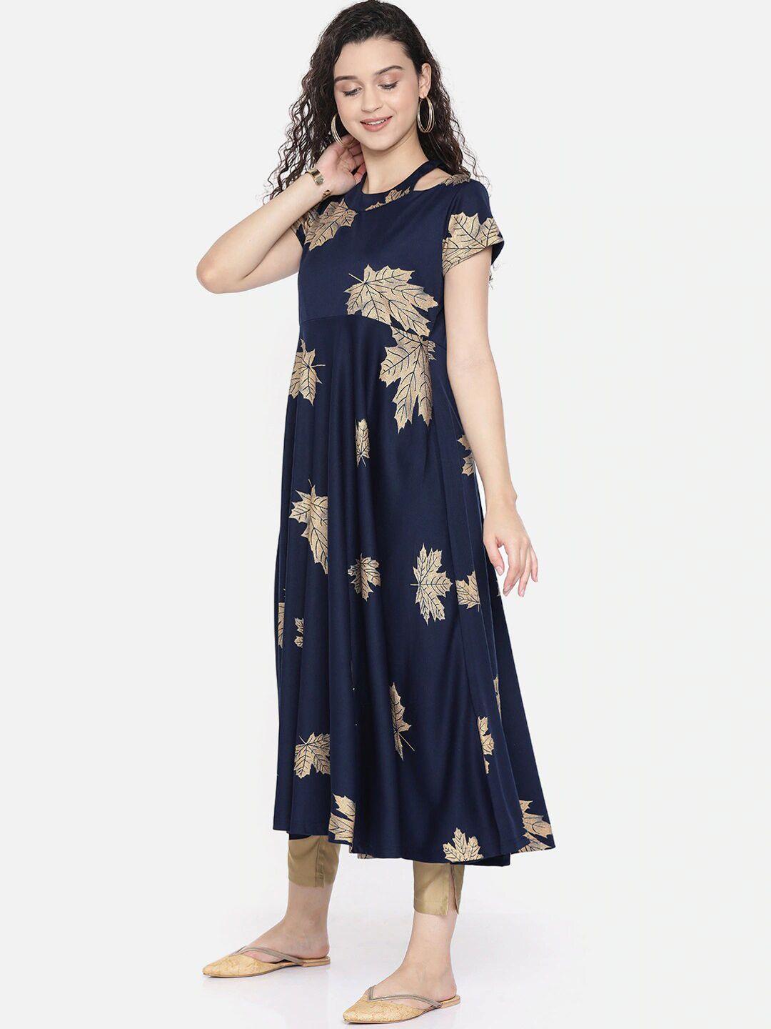 ira soleil women blue & gold-toned floral printed anarkali kurta