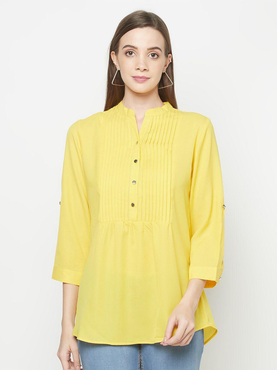 purple state yellow mandarin collar roll-up sleeves shirt style top