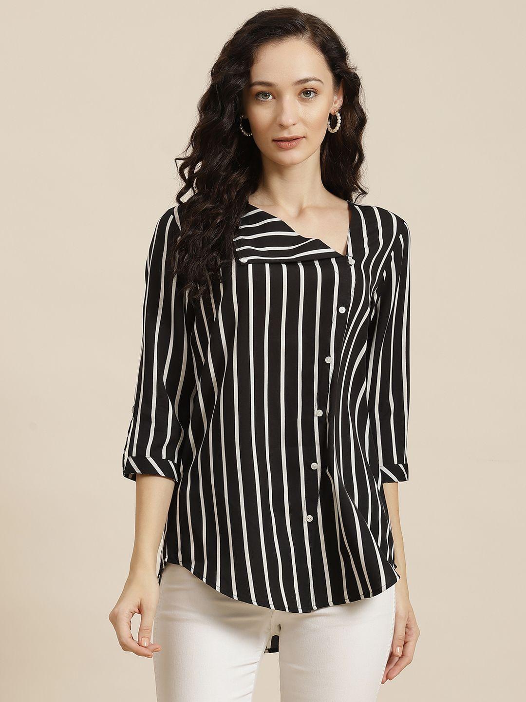 qurvii black & white striped crepe regular top