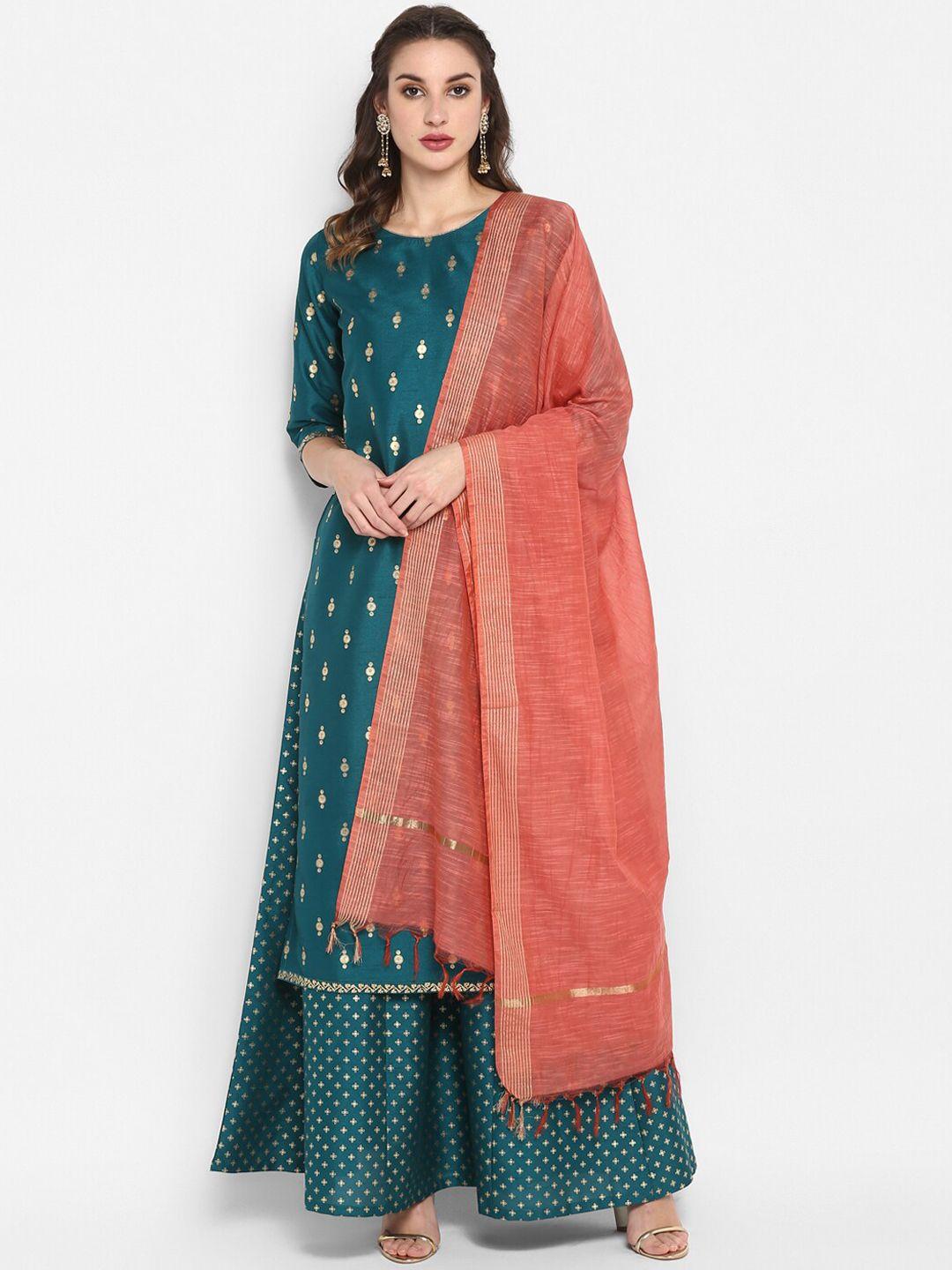 janasya women green ethnic motifs printed regular kurta with palazzos & with dupatta