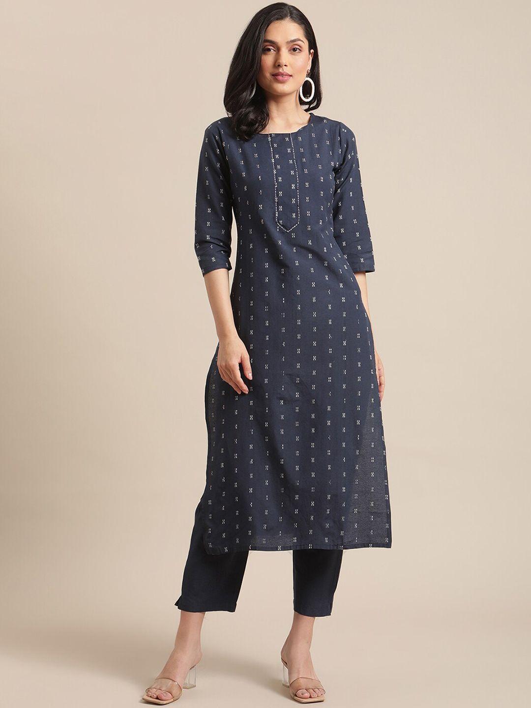 ksut women navy blue & white printed regular beads & stones kurta with trousers