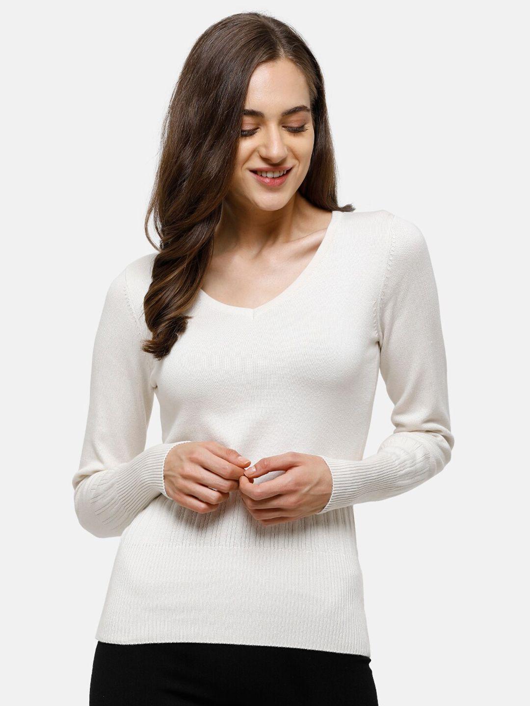 98 degree north women off white solid cotton pullover with ribbed hem