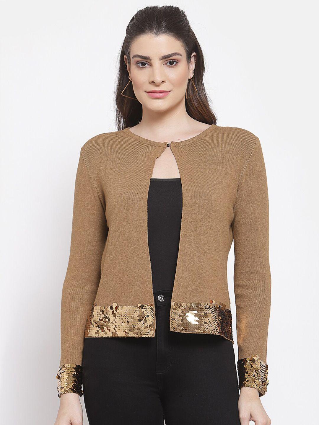 mafadeny women brown & gold-toned embellished shrug