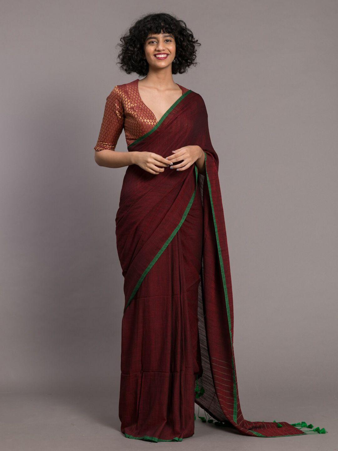 suta maroon & green solid cotton saree