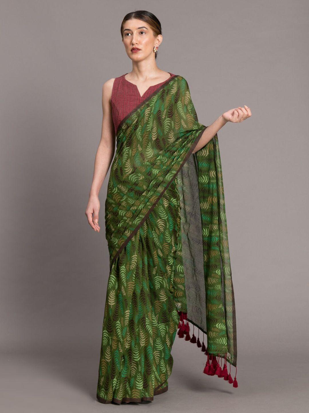 suta green brown pure cotton handblock printed saree