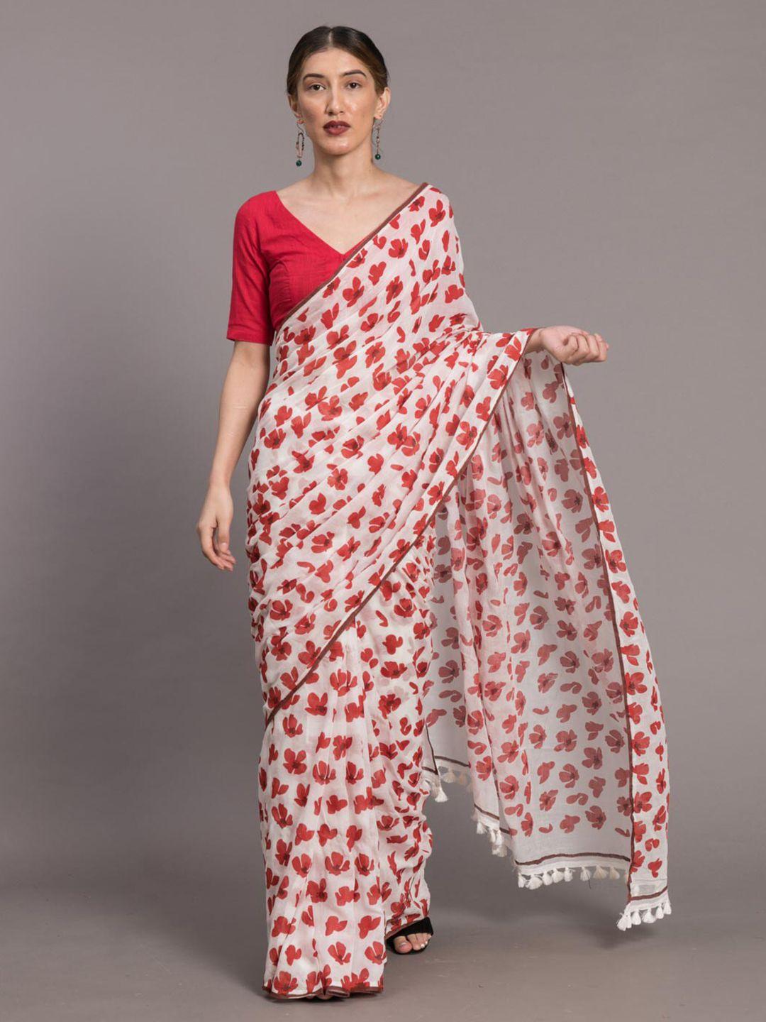 suta white & red floral printed pure cotton saree