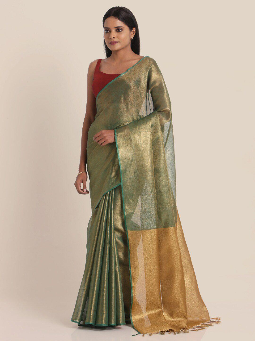 suta green & golden zari pure linen saree