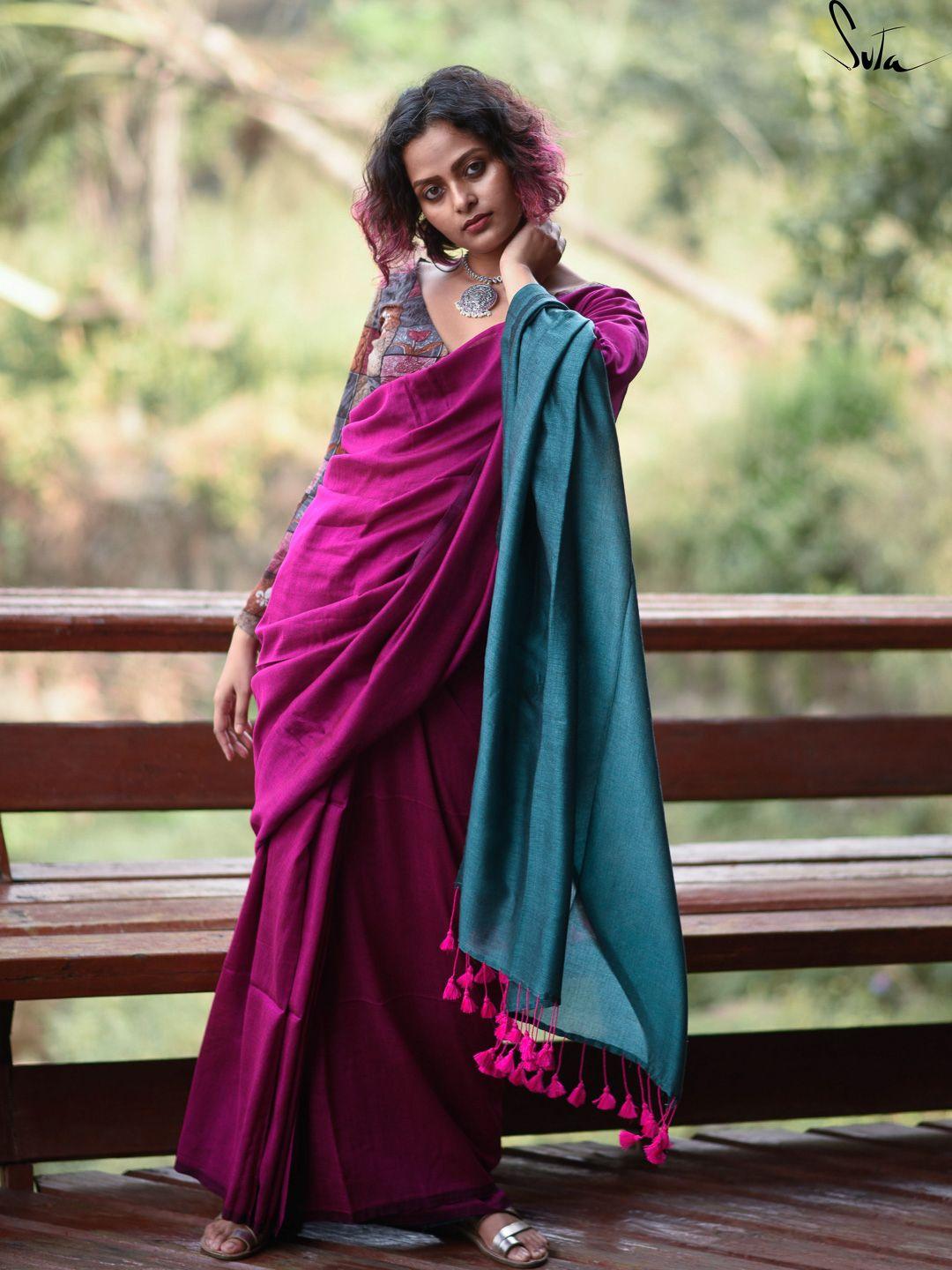 suta pink & teal colourblocked cotton blend saree