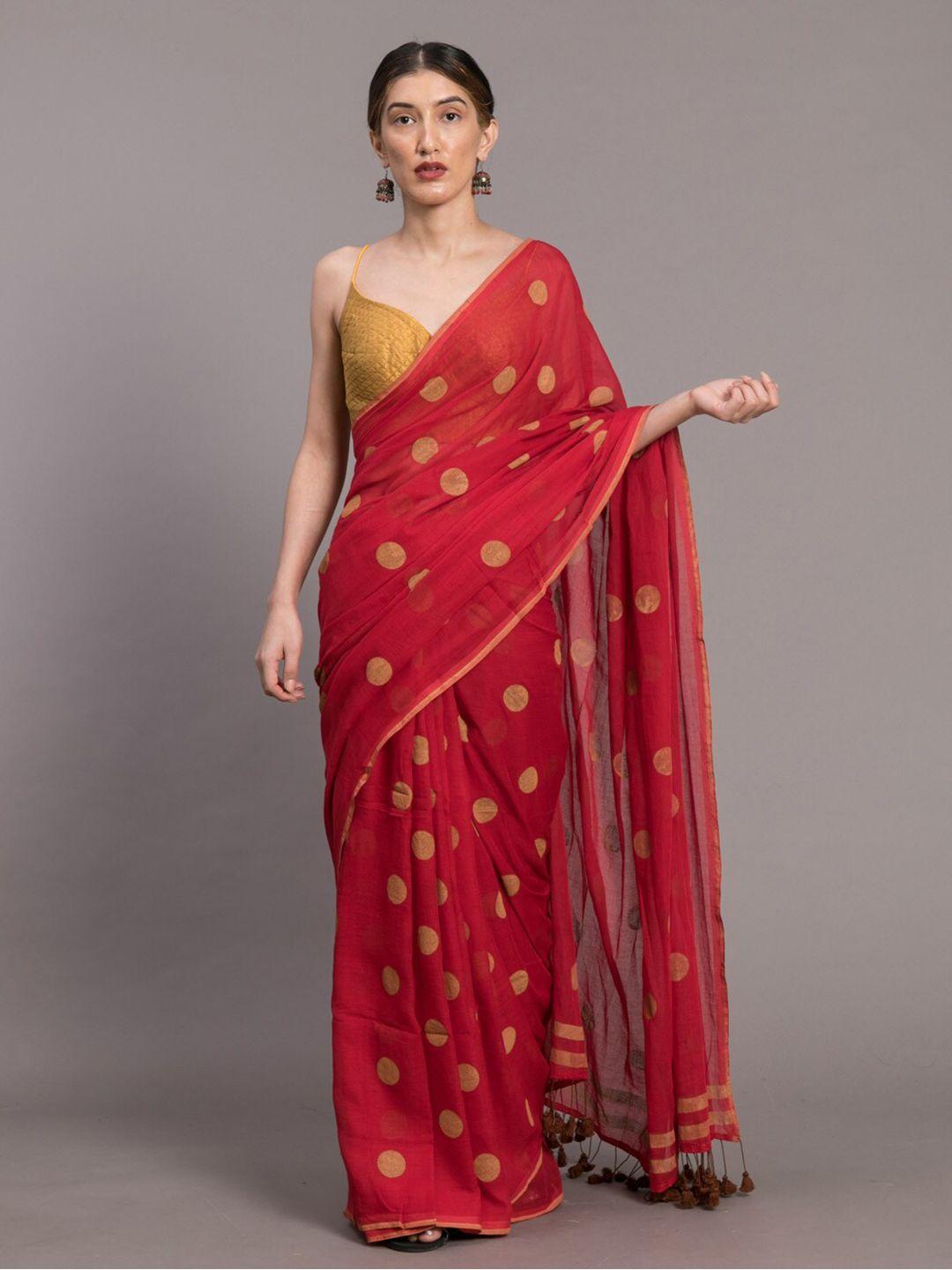 suta red & beige polka printed pure cotton saree