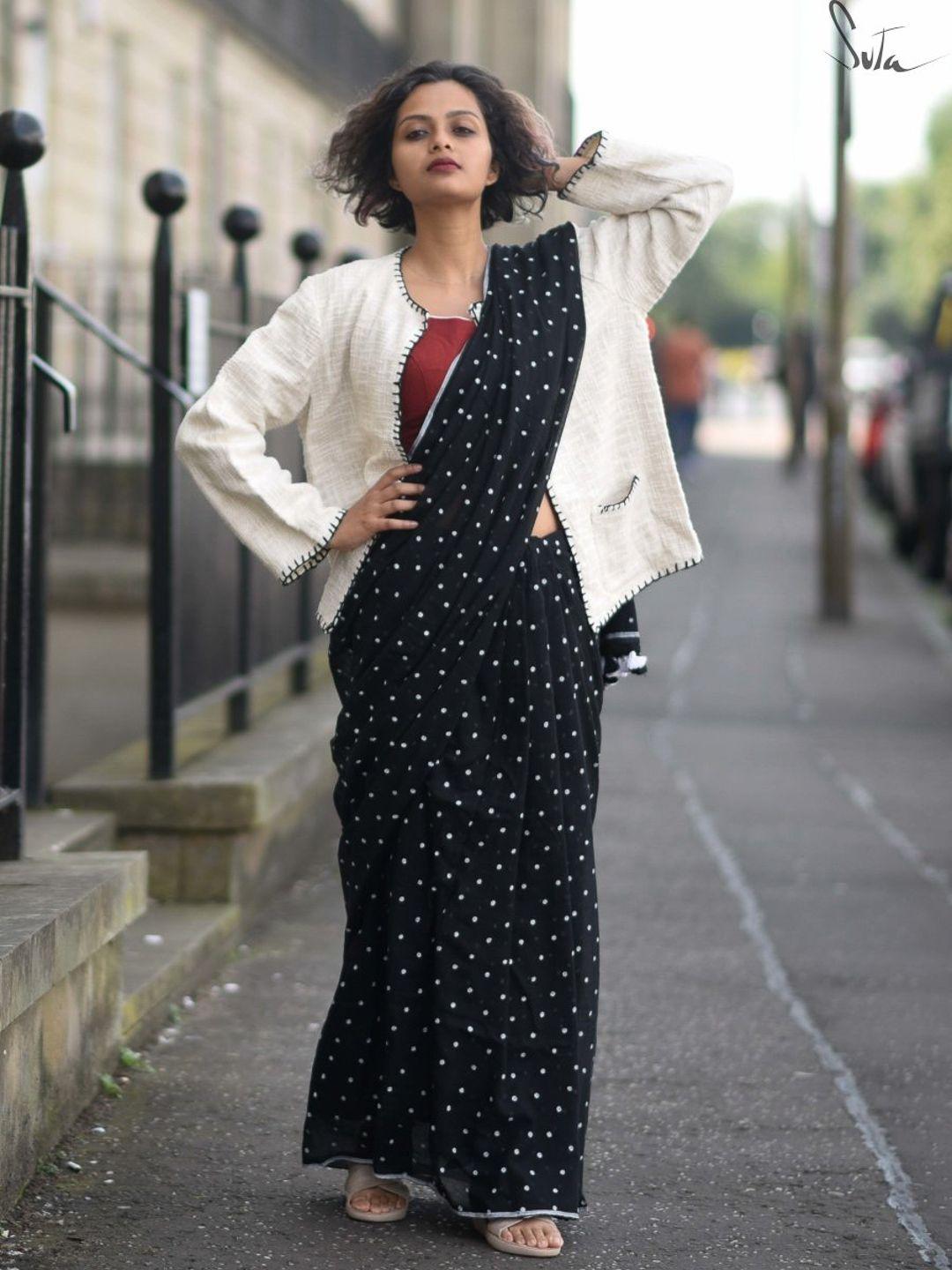 suta black & white polka dots printed pure cotton saree