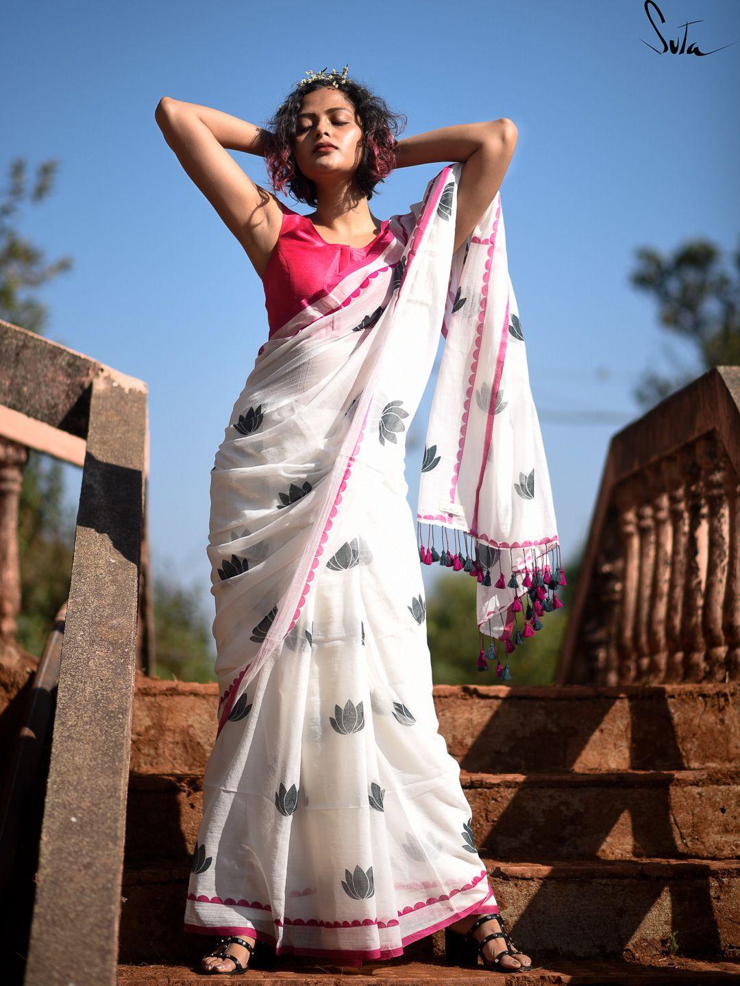 suta white & black floral printed pure cotton saree