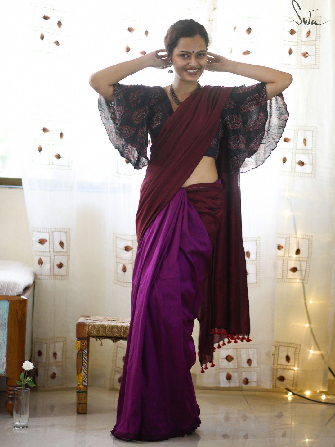 suta purple maroon colourblocked cotton acrylic saree