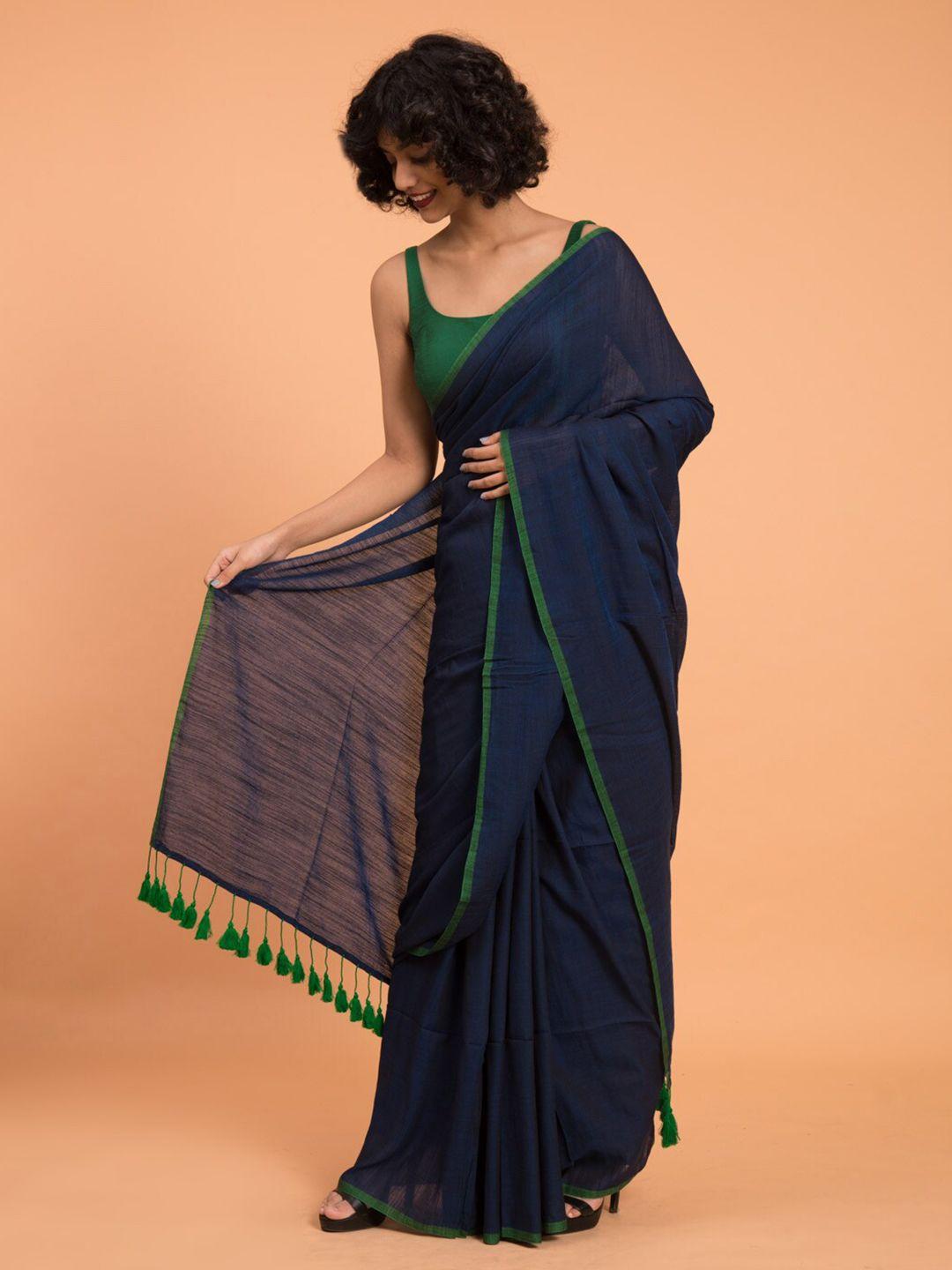 suta blue & green striped cotton blend saree