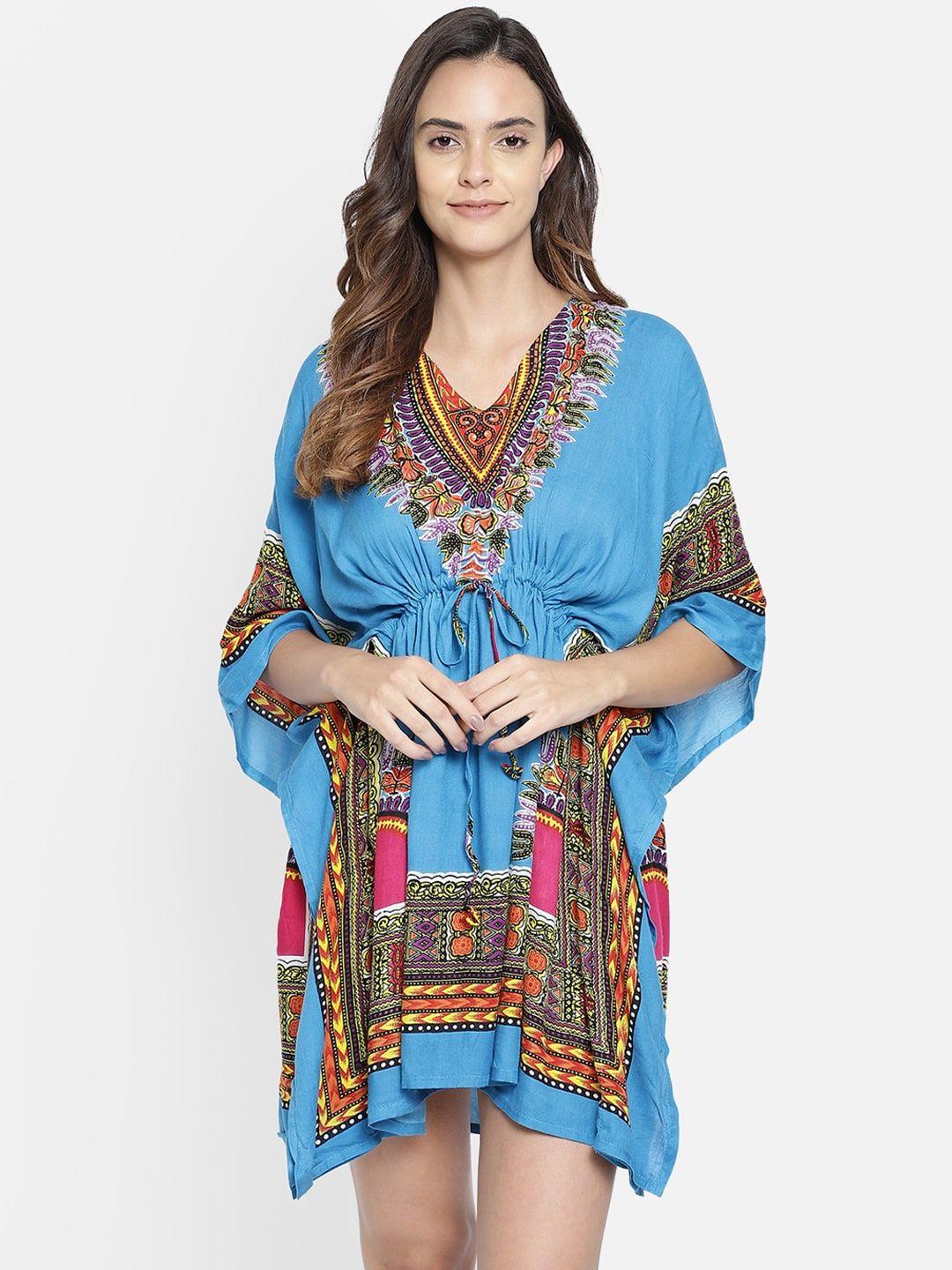 aditi wasan turquoise blue & purple ethnic motifs kaftan dress