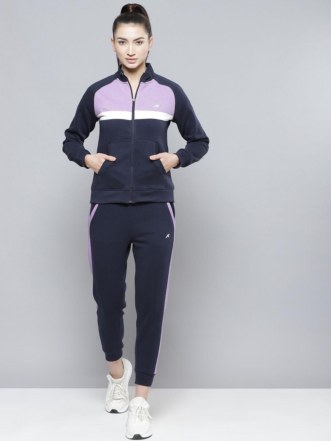 alcis women navy blue & lavender solid knitted tracksuit with side stripes