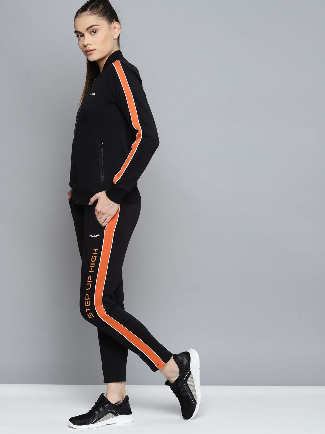 alcis women black & orange colourblocked tracksuits