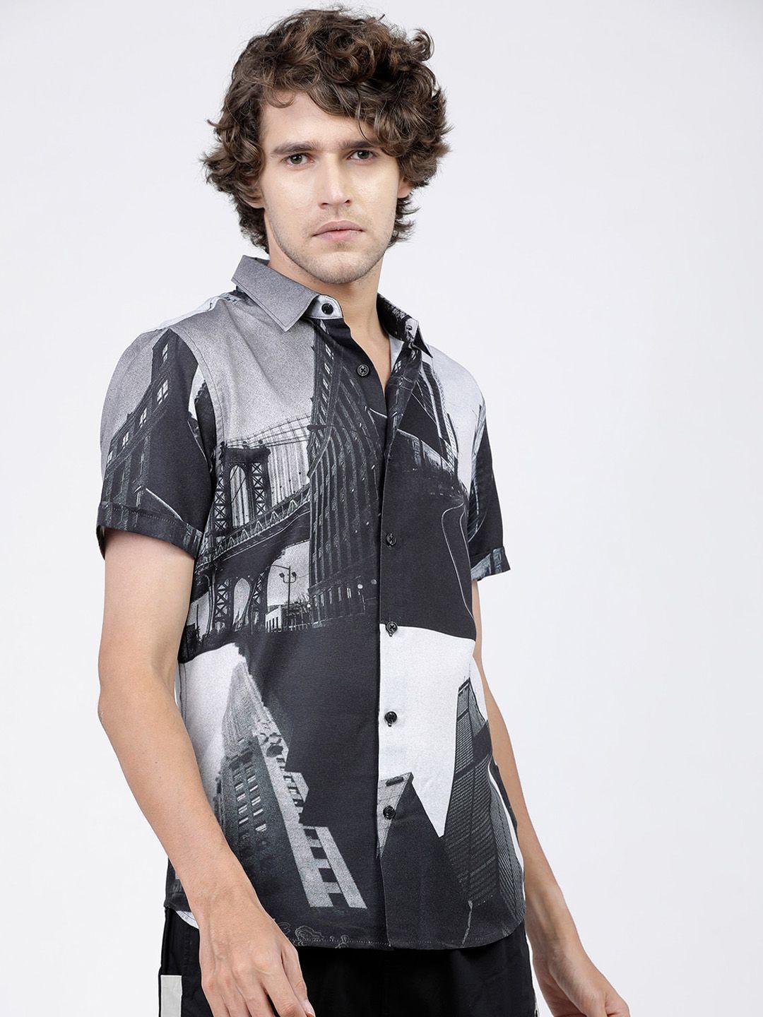 highlander men black slim fit opaque printed casual shirt