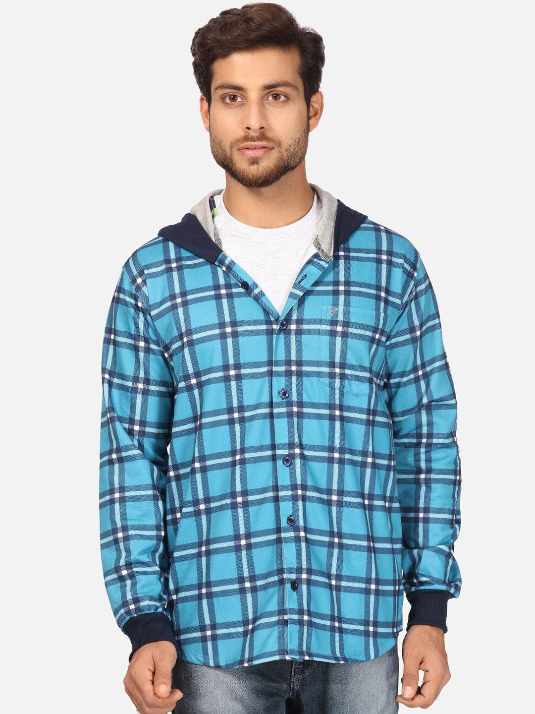 bullmer men blue & navy blue opaque checked brushed fleece hooded casual shirt