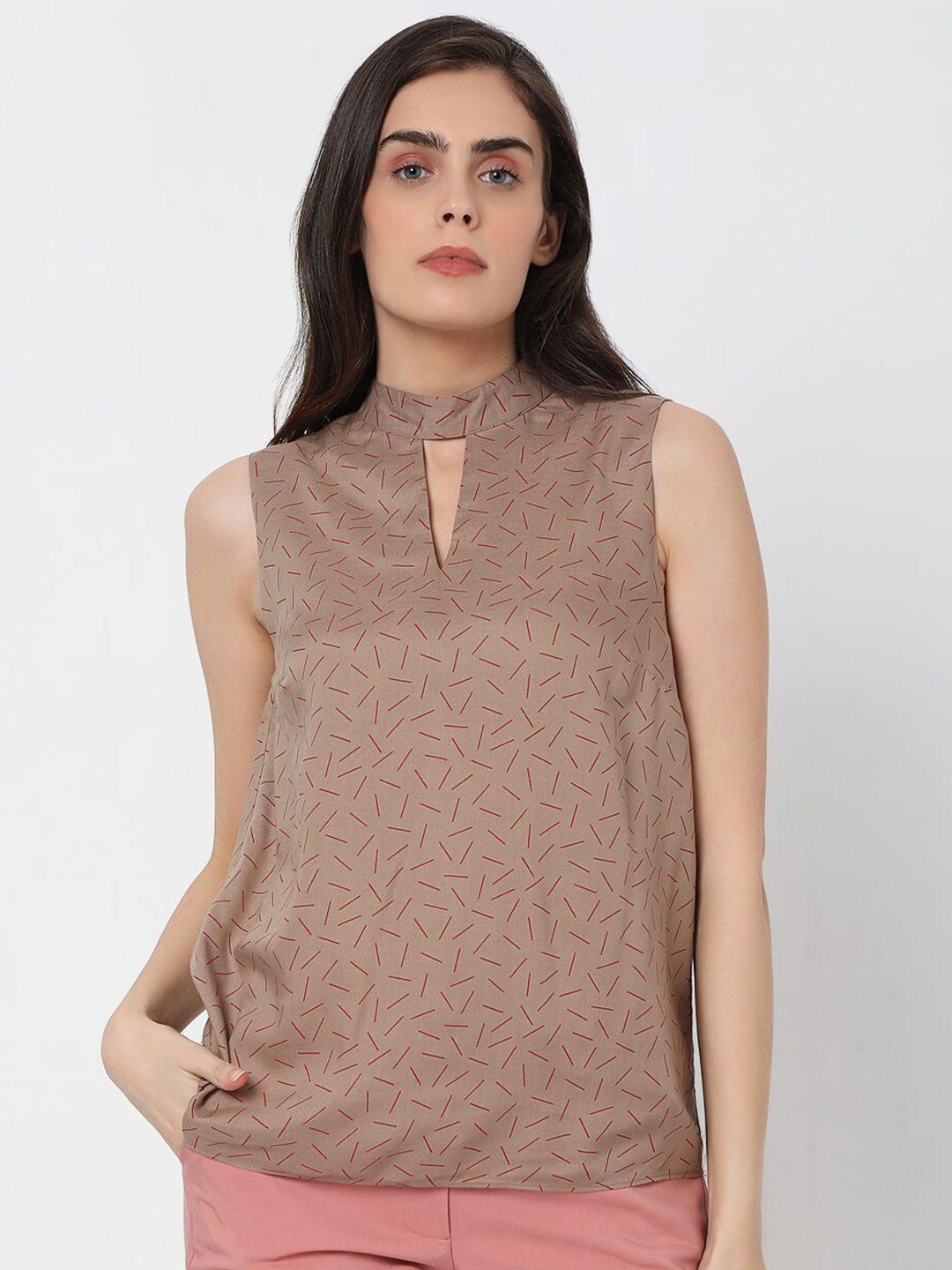 vero moda brown geometric printed keyhole neck regular top