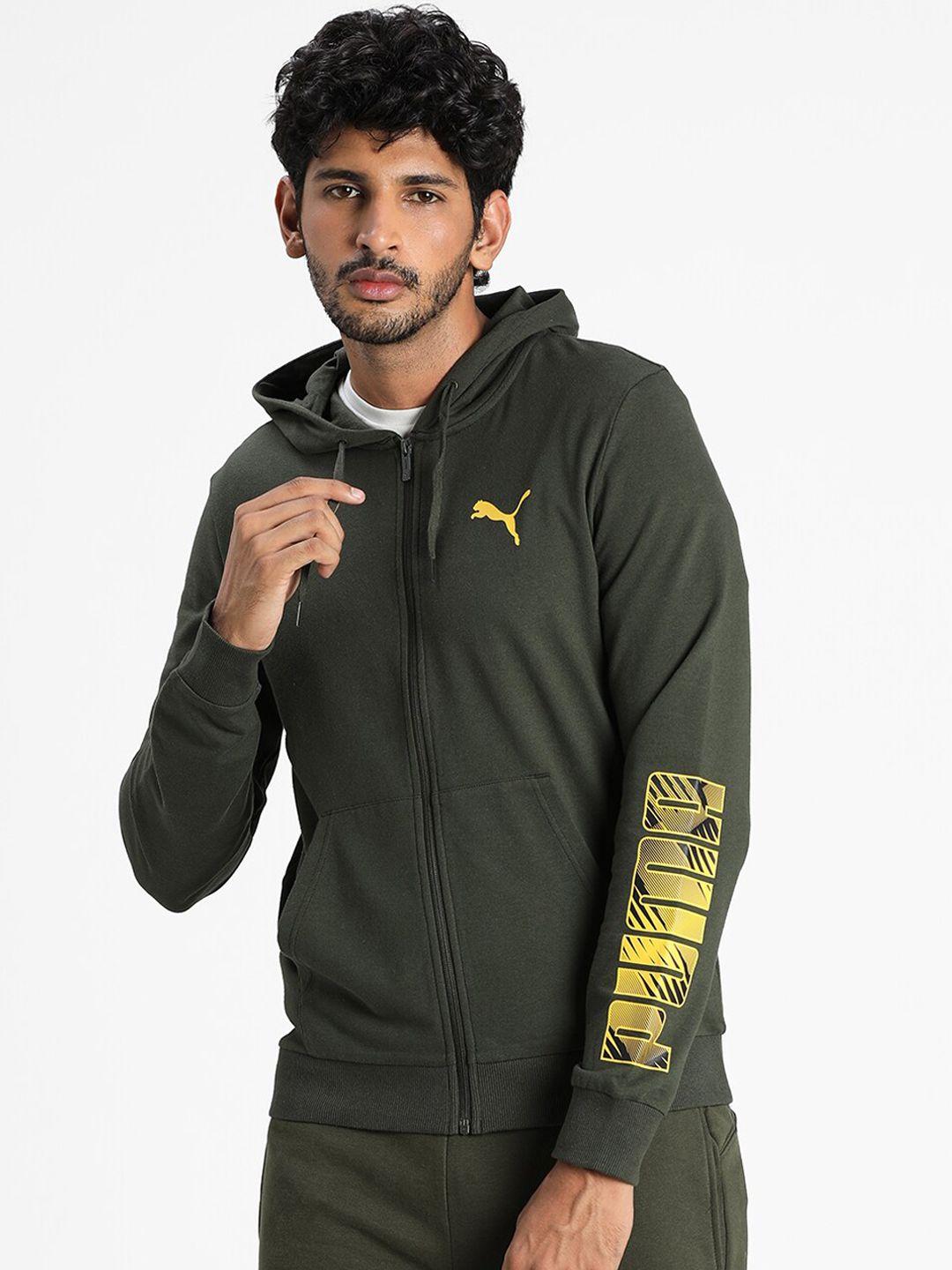 puma men green yellow hooded sporty jacket