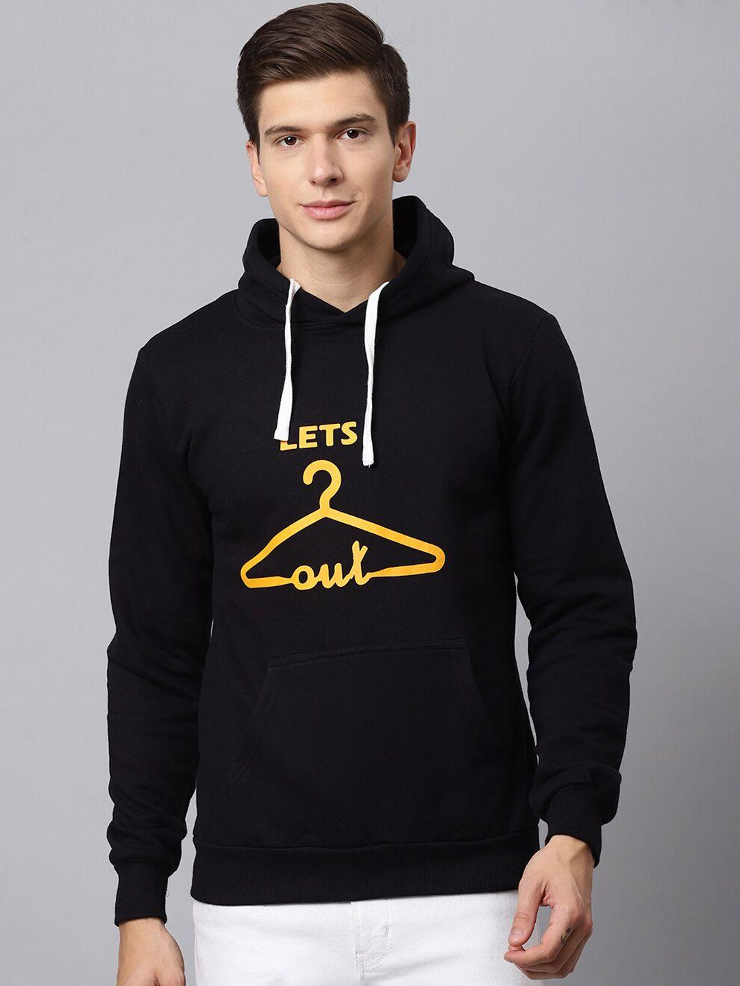 campus sutra men black printed hooded cotton sweatshirt