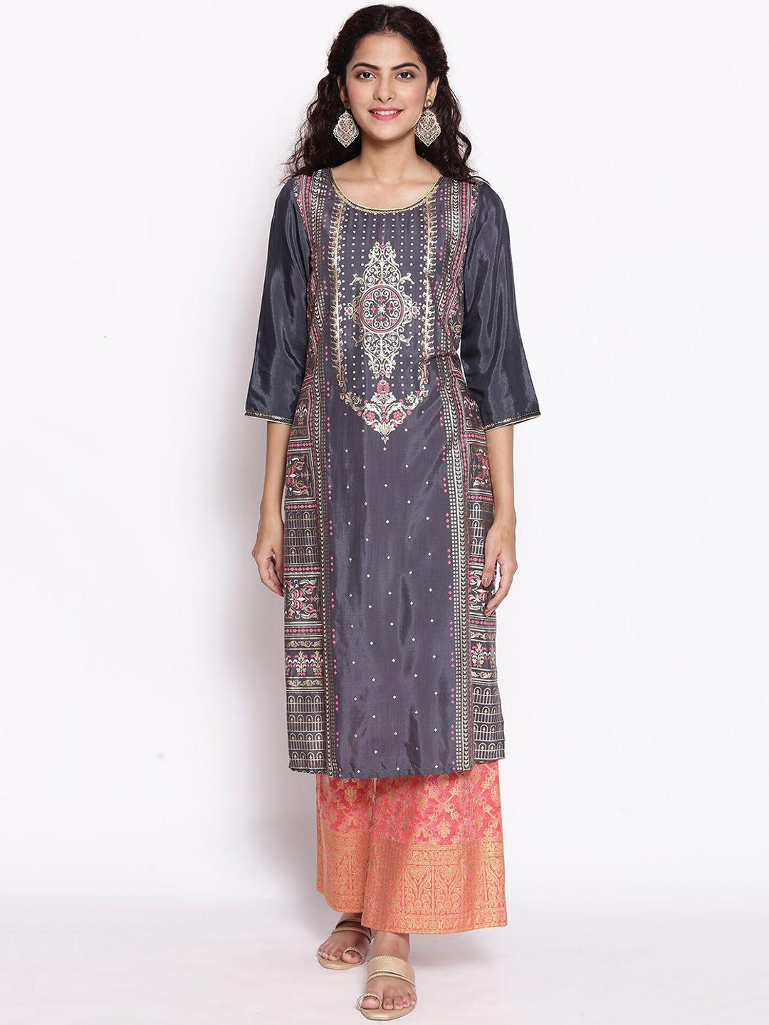 aurelia women grey & gold-toned ethnic motifs printed kurta