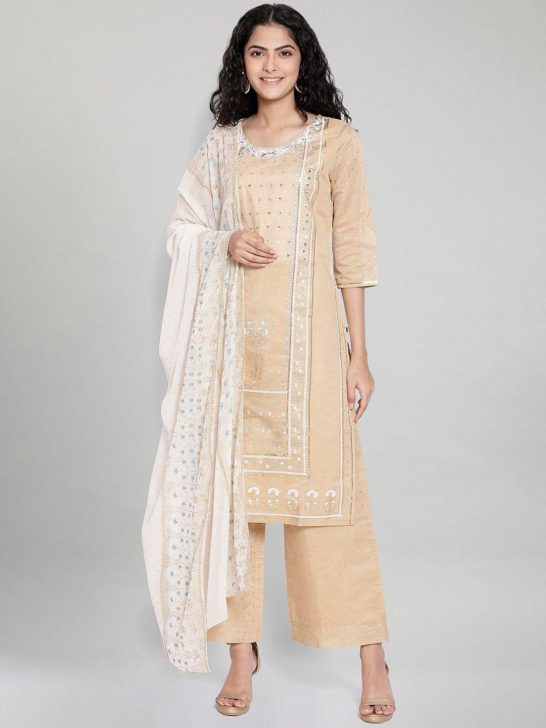 aurelia women beige ethnic motifs embroidered kurta with trousers & with dupatta