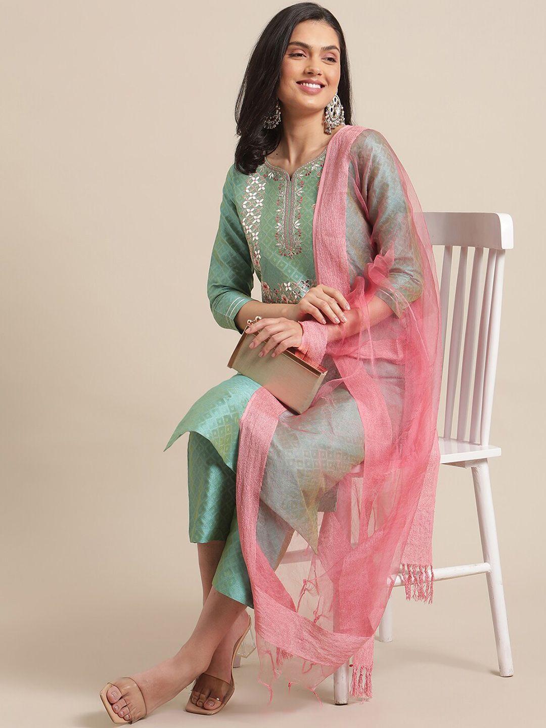 varanga women sea green woven design kurta with trousers & with dupatta